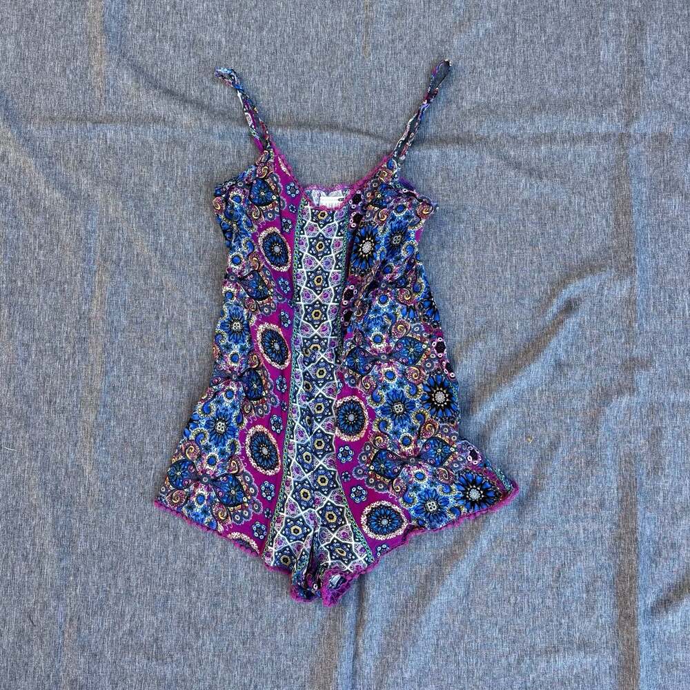 Purple Blue Boho Crochet Paisley Floral Festival XS Romper